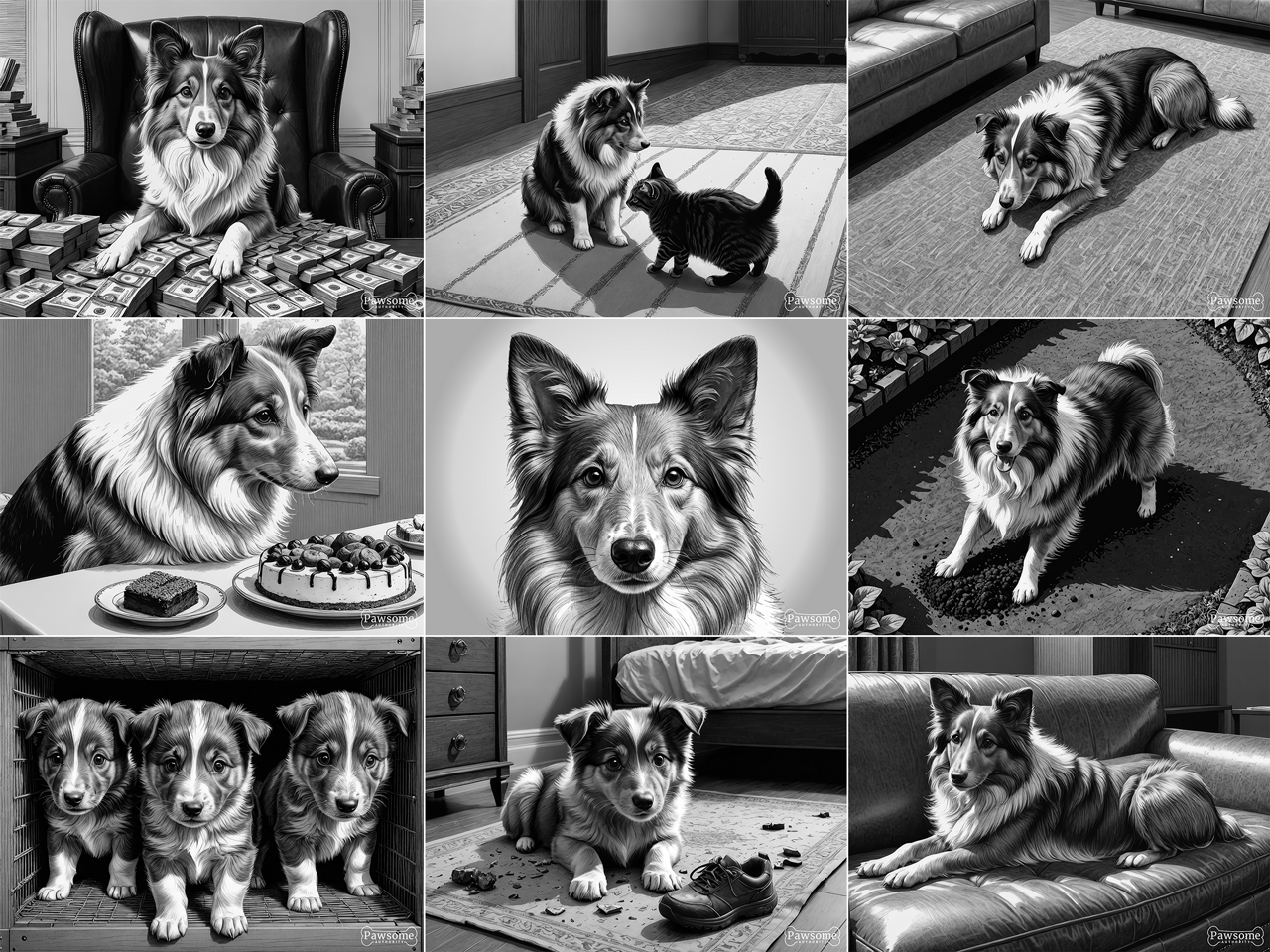 A grayscale collage of Shetland Sheepdog images.