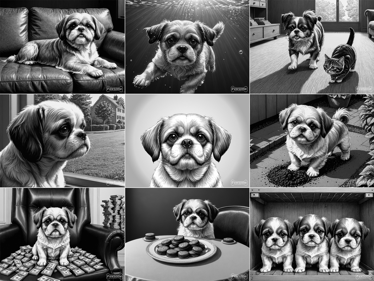 A grayscale collage of Shih Tzu images.