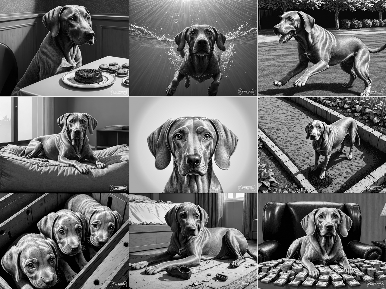 A grayscale collage of Weimaraner images.