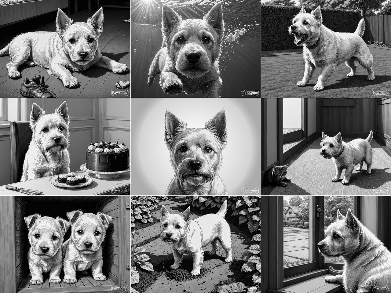A grayscale collage of West Highland White Terrier images.