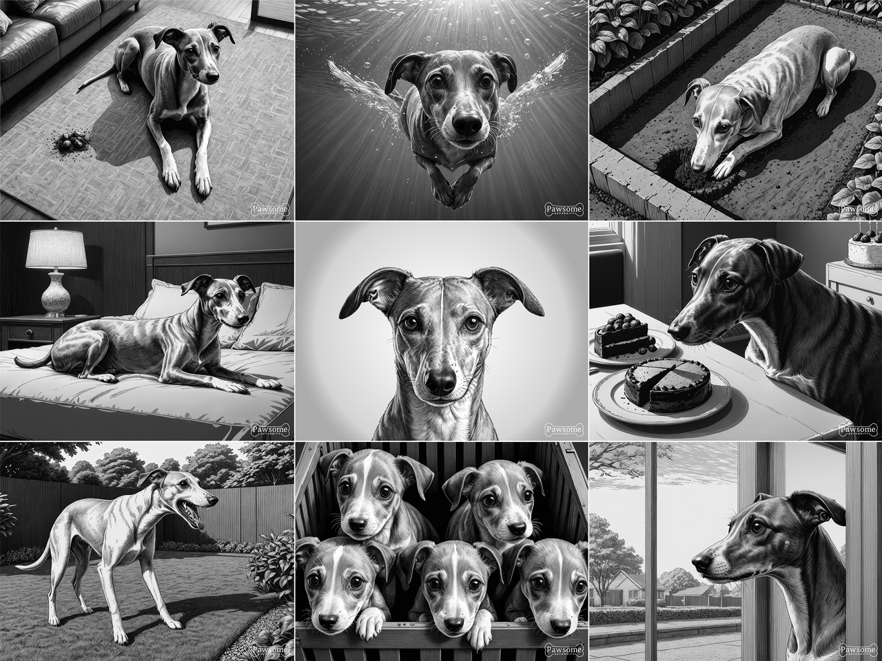 A grayscale collage of Whippet images.