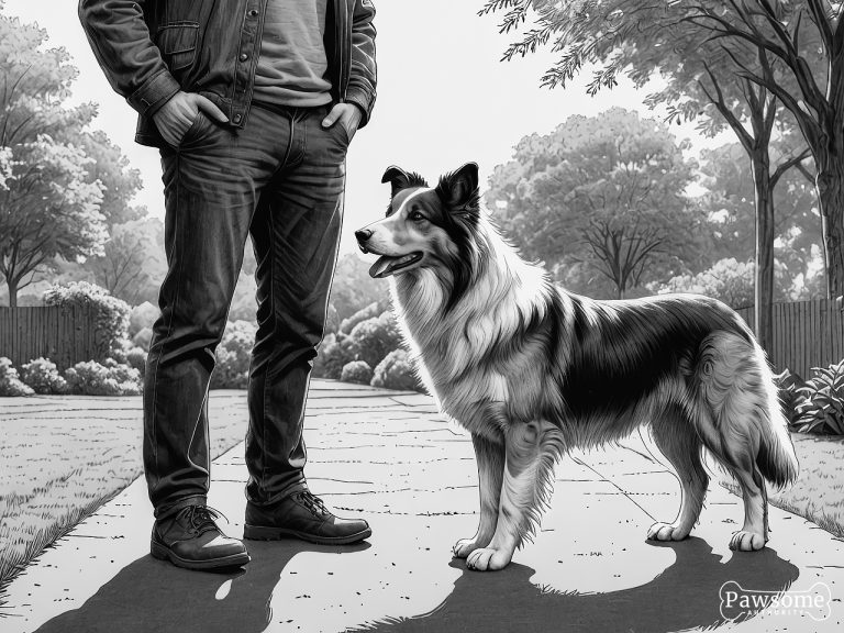 A grayscale illustration of a Collie beside its owner during an obedience training session in a yard on a sunny day.