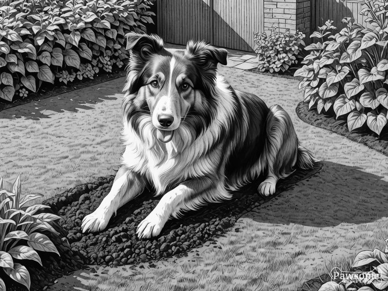 A grayscale illustration of a Collie digging a hole in a garden on a bright and sunny day.