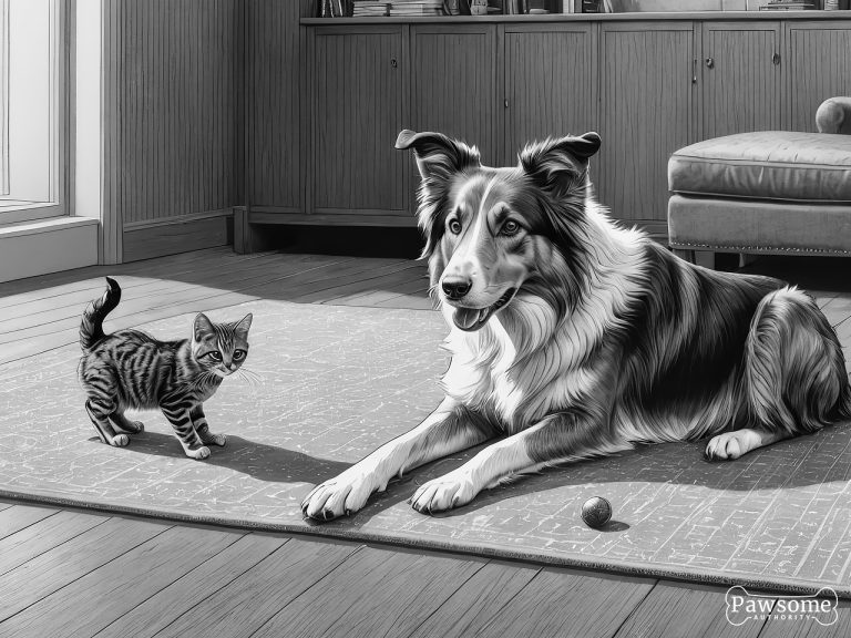 A grayscale illustration of a Collie socializing with a cat on a rug in a living room.