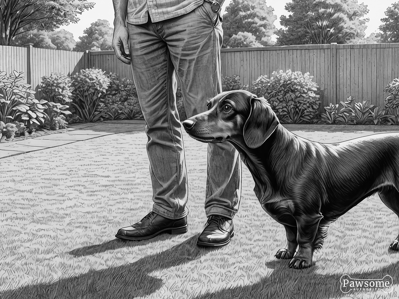 A grayscale illustration of a Dachshund beside its owner during an obedience training session in a yard on a sunny day.