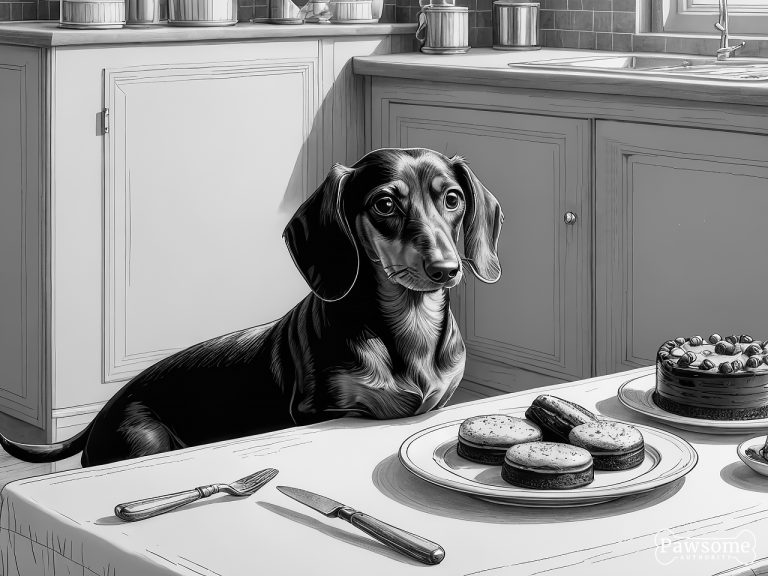 A grayscale illustration of a Dachshund demonstrating focus and impulse control in the presence of delectable sweets.