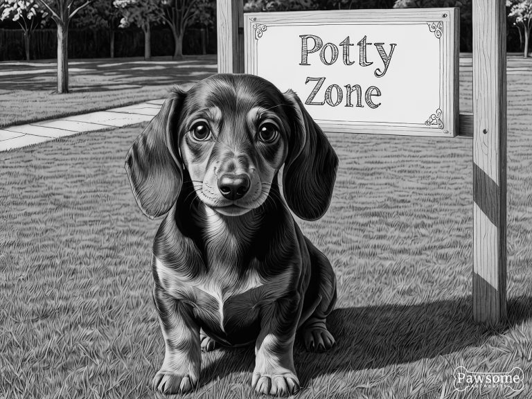A grayscale illustration of a Dachshund puppy sitting in a designated potty area in a yard with a sign that reads “Potty Zone”.