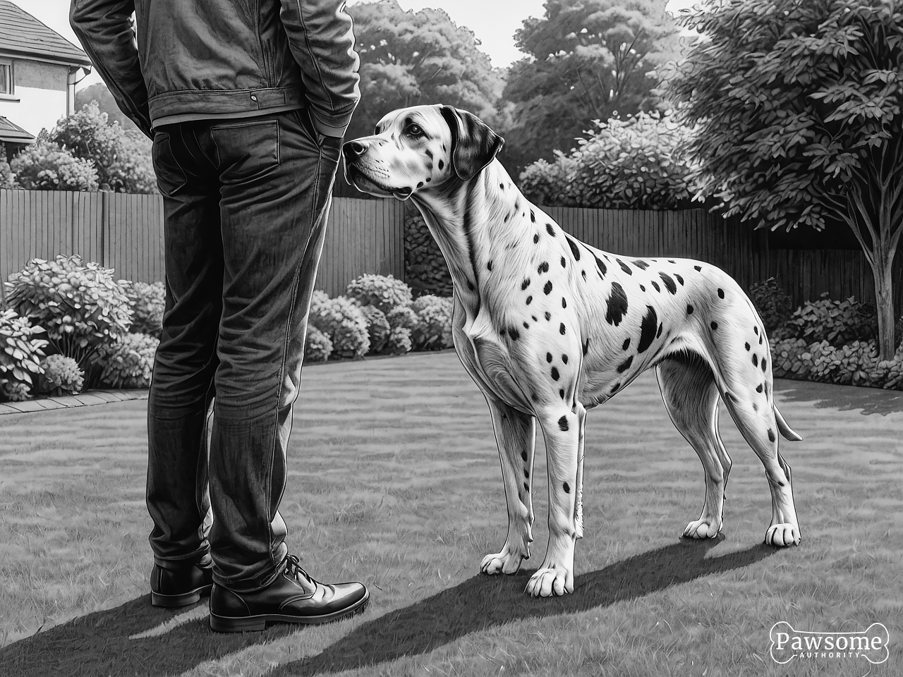 A grayscale illustration of a Dalmatian beside its owner during an obedience training session in a yard on a sunny day.