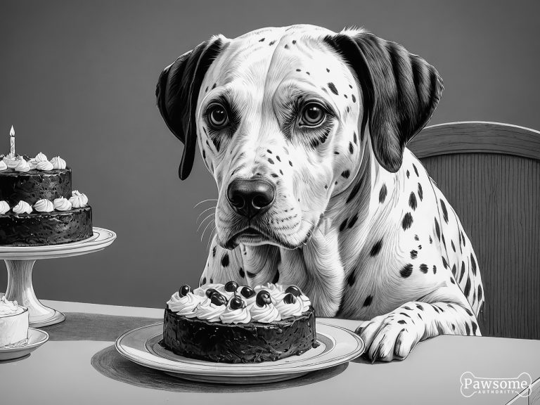 A grayscale illustration of a Dalmatian demonstrating focus and impulse control in the presence of delectable sweets.
