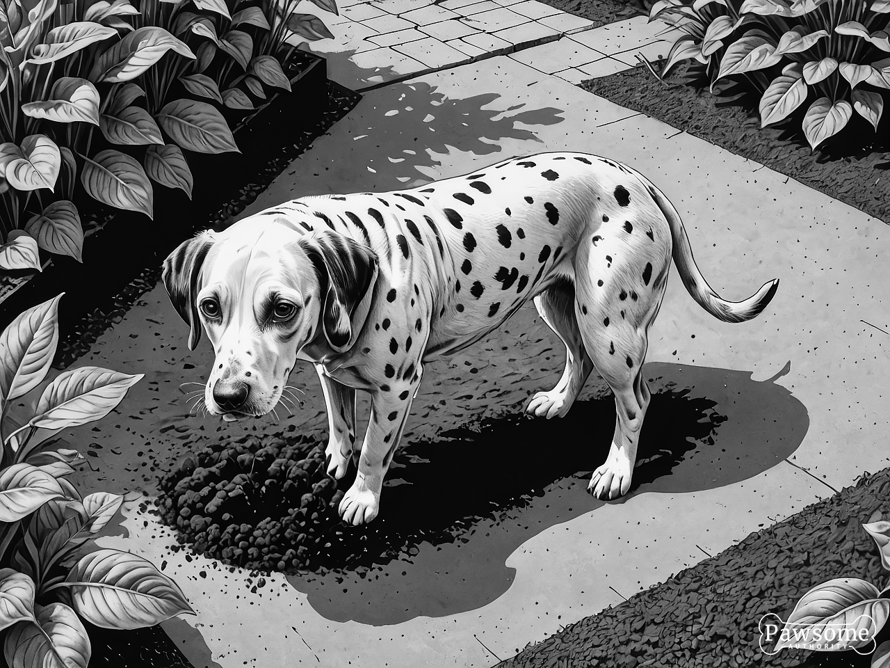 A grayscale illustration of a Dalmatian digging a hole in a garden on a bright and sunny day.
