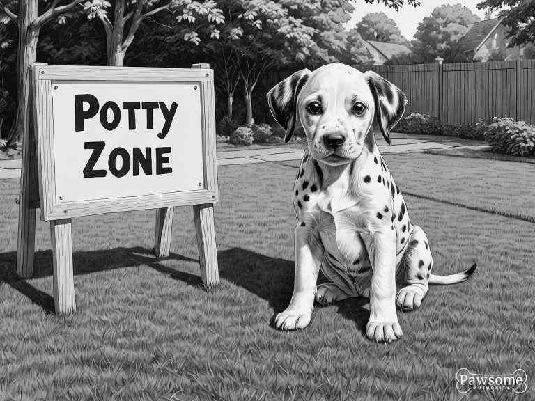 A grayscale illustration of a Dalmatian puppy sitting in a designated potty area in a yard with a sign that reads “Potty Zone”.
