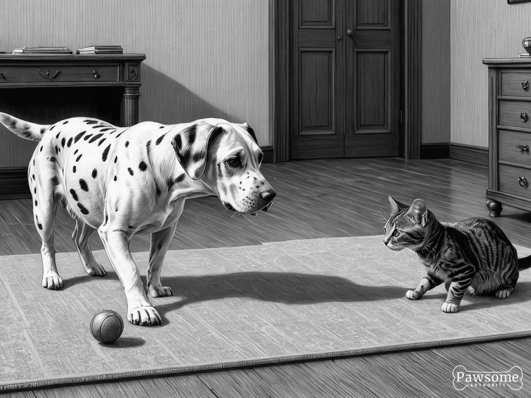 A grayscale illustration of a Dalmatian socializing with a cat on a rug in a living room.