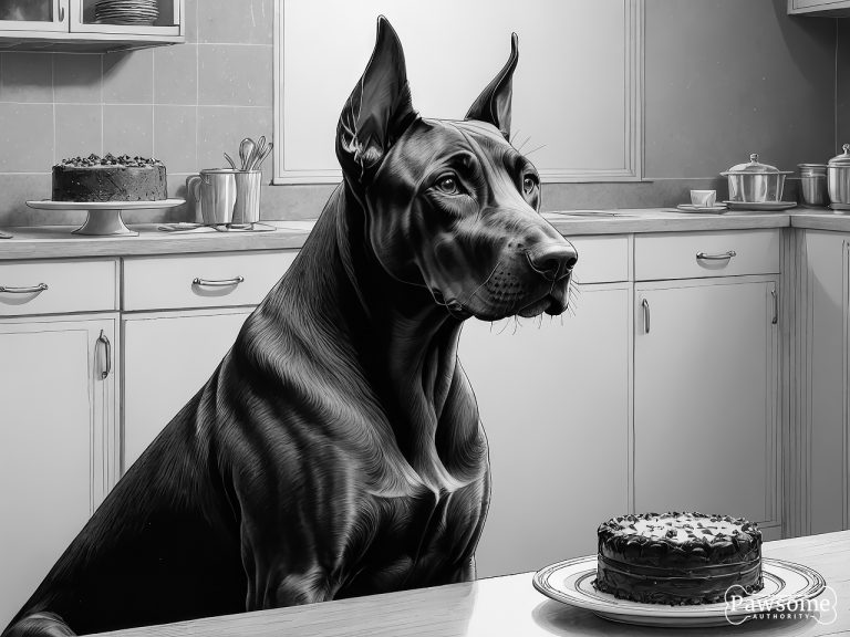 A grayscale illustration of a Doberman Pinscher demonstrating focus and impulse control in the presence of delectable sweets.