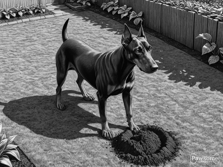 A grayscale illustration of a Doberman Pinscher digging a hole in a garden on a bright and sunny day.