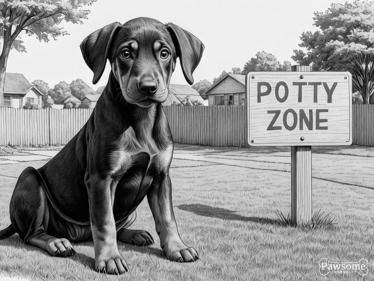 A grayscale illustration of a Doberman Pinscher puppy sitting in a designated potty area in a yard with a sign that reads “Potty Zone”.