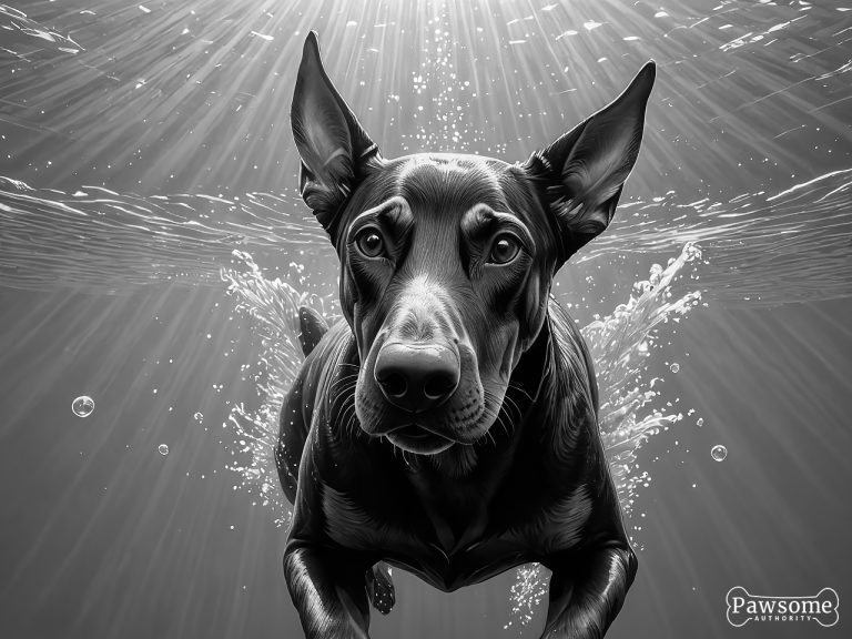 A grayscale illustration of a Doberman Pinscher swimming underwater on a bright and sunny day with light rays piercing through.