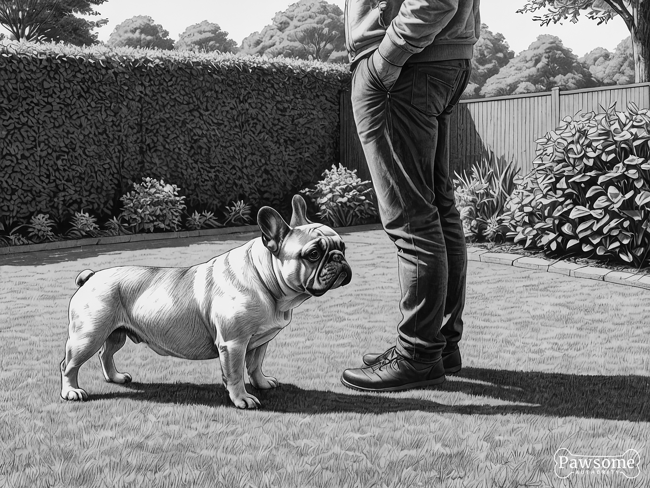A grayscale illustration of a French Bulldog beside its owner during an obedience training session in a yard on a sunny day.