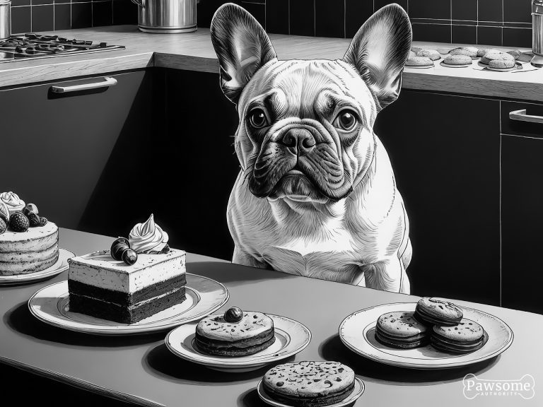 A grayscale illustration of a French Bulldog demonstrating focus and impulse control in the presence of delectable sweets.