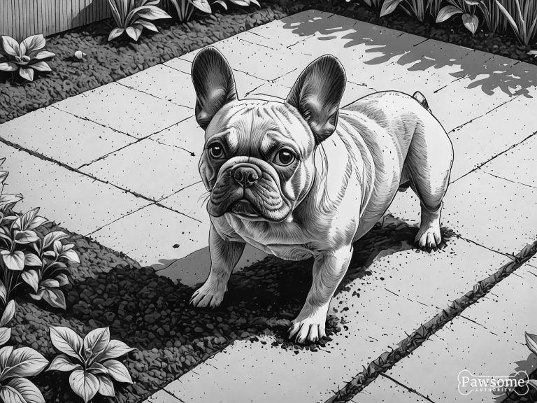 A grayscale illustration of a French Bulldog digging a hole in a garden on a bright and sunny day.