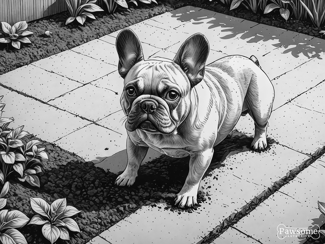 A grayscale illustration of a French Bulldog digging a hole in a garden on a bright and sunny day.