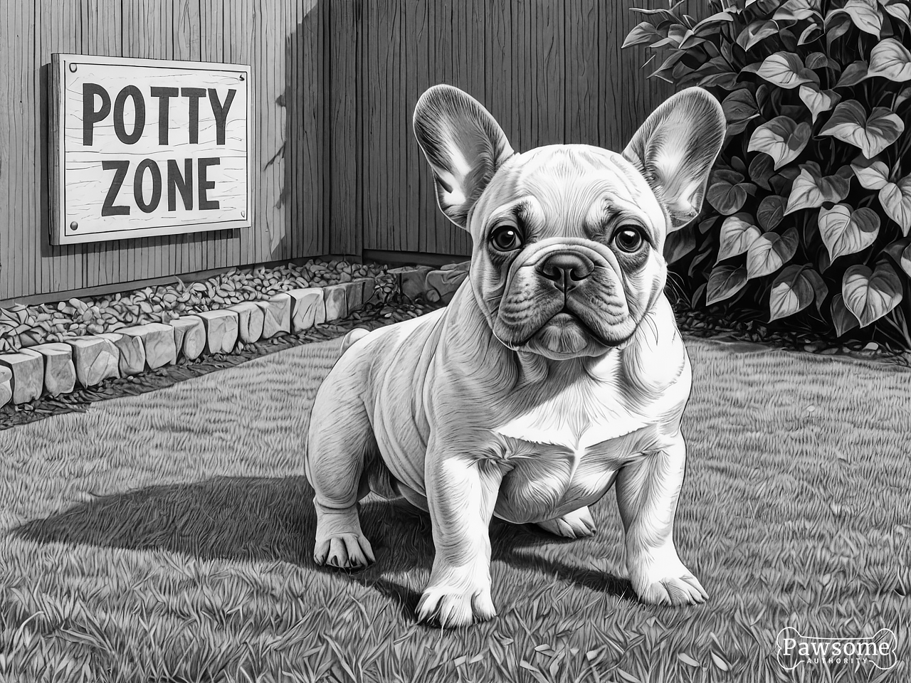 A grayscale illustration of a French Bulldog puppy sitting in a designated potty area in a yard with a sign that reads “Potty Zone”.