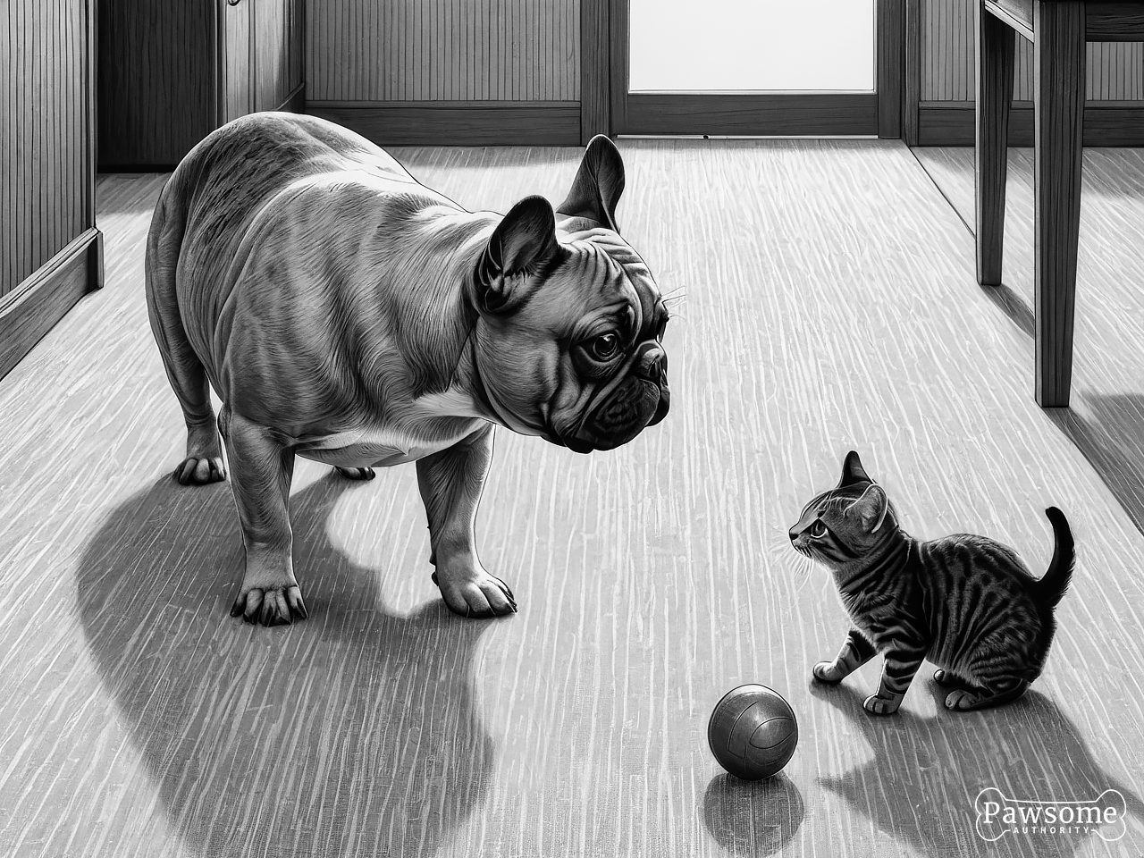 A grayscale illustration of a French Bulldog socializing with a cat in a living room.