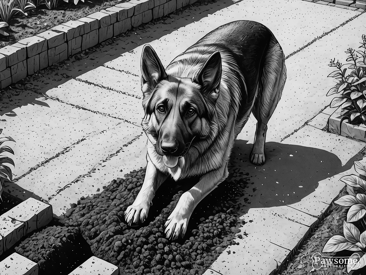A grayscale illustration of a German Shepherd digging a hole in a garden on a bright and sunny day.