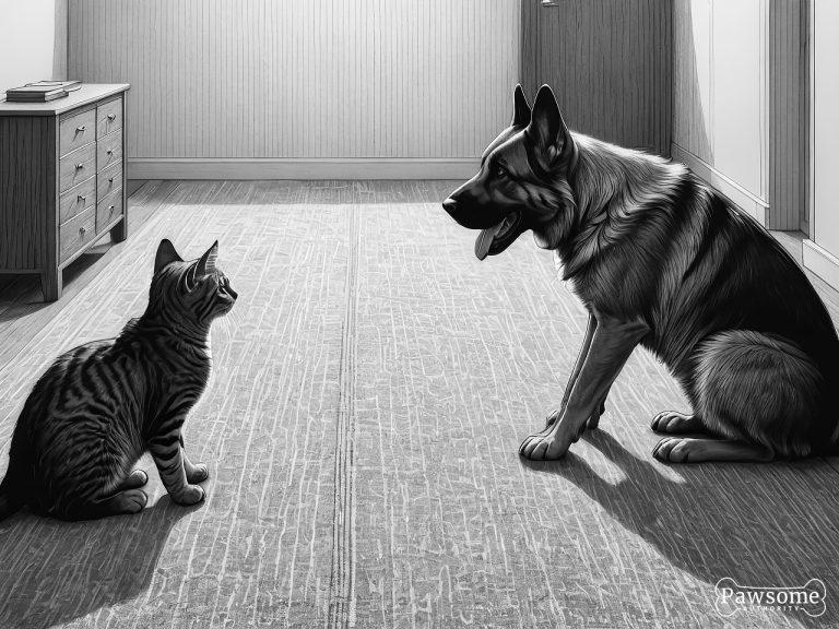 A grayscale illustration of a German Shepherd socializing with a cat on a rug in a living room.