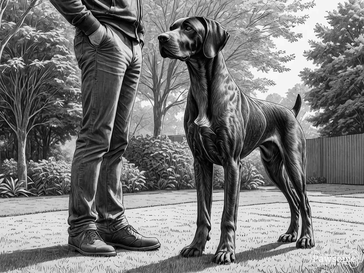 A grayscale illustration of a German Shorthaired Pointer beside its owner during an obedience training session in a yard on a sunny day.