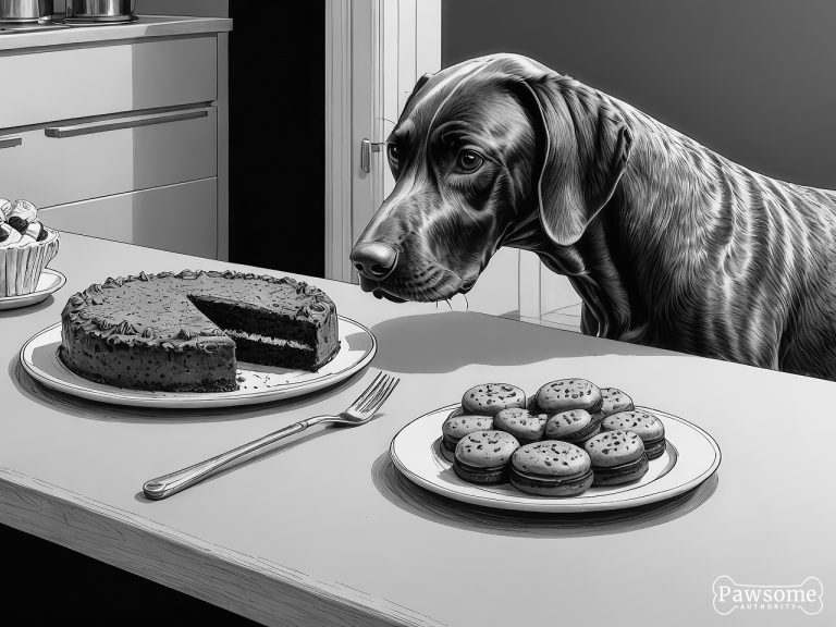 A grayscale illustration of a German Shorthaired Pointer demonstrating focus and impulse control in the presence of delectable sweets.