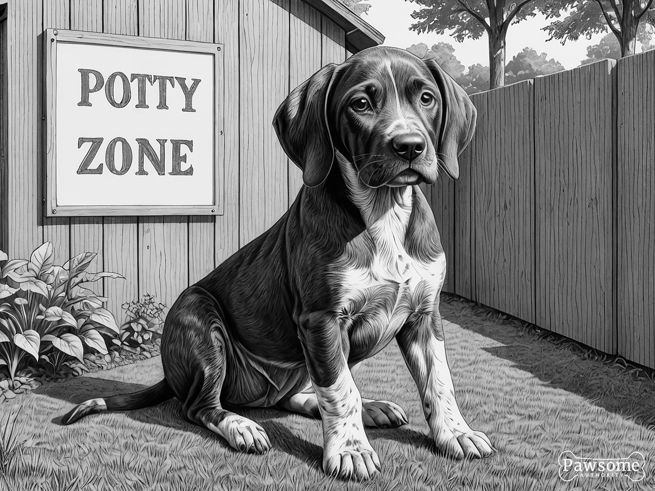 A grayscale illustration of a German Shorthaired Pointer puppy sitting in a designated potty area in a yard with a sign that reads “Potty Zone”.