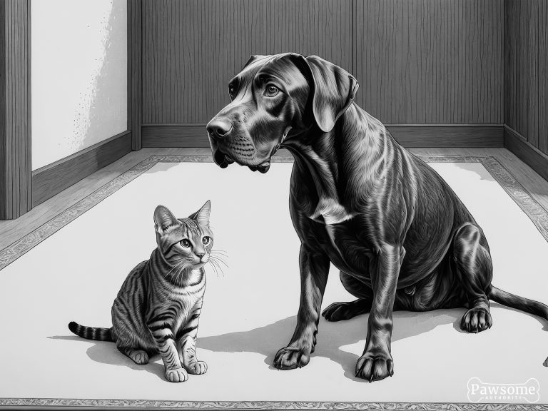 A grayscale illustration of a German Shorthaired Pointer socializing with a cat on a rug in a living room.