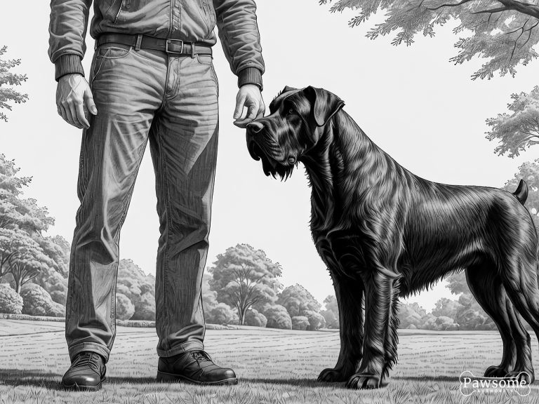 A grayscale illustration of a Giant Schnauzer beside its owner during an obedience training session in a yard on a sunny day.