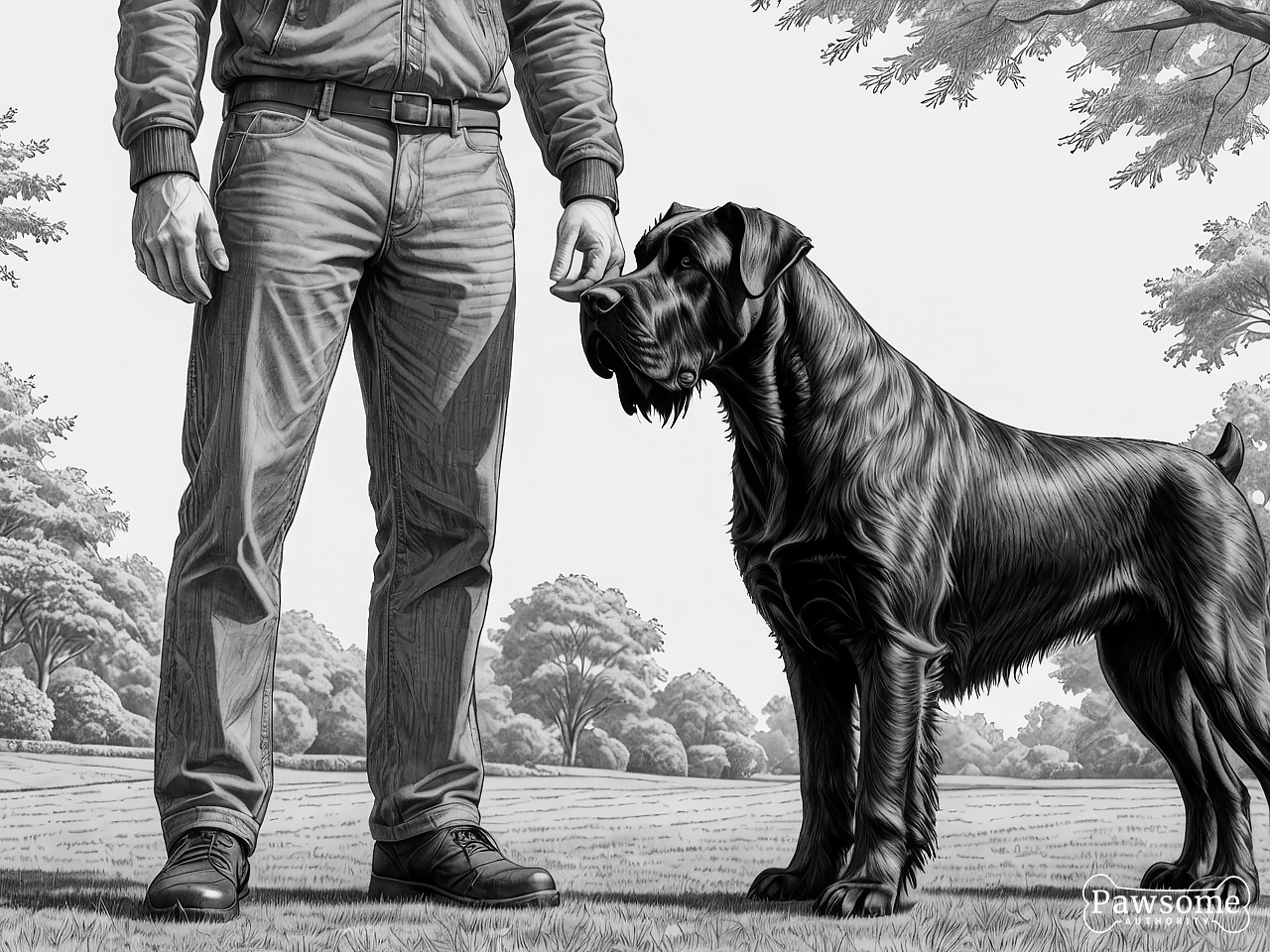 A grayscale illustration of a Giant Schnauzer beside its owner during an obedience training session in a yard on a sunny day.