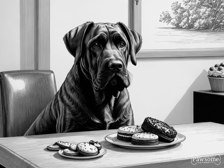 A grayscale illustration of a Giant Schnauzer demonstrating focus and impulse control in the presence of delectable sweets.