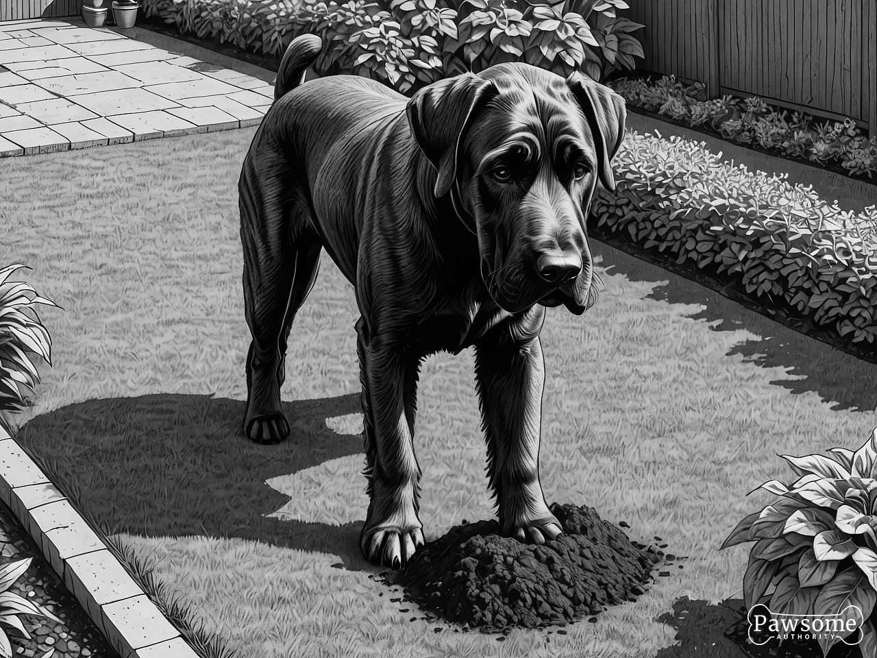 A grayscale illustration of a Giant Schnauzer digging a hole in a garden on a bright and sunny day.