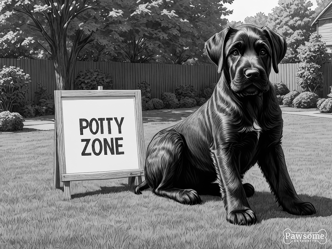 A grayscale illustration of a Giant Schnauzer puppy sitting in a designated potty area in a yard with a sign that reads “Potty Zone”.