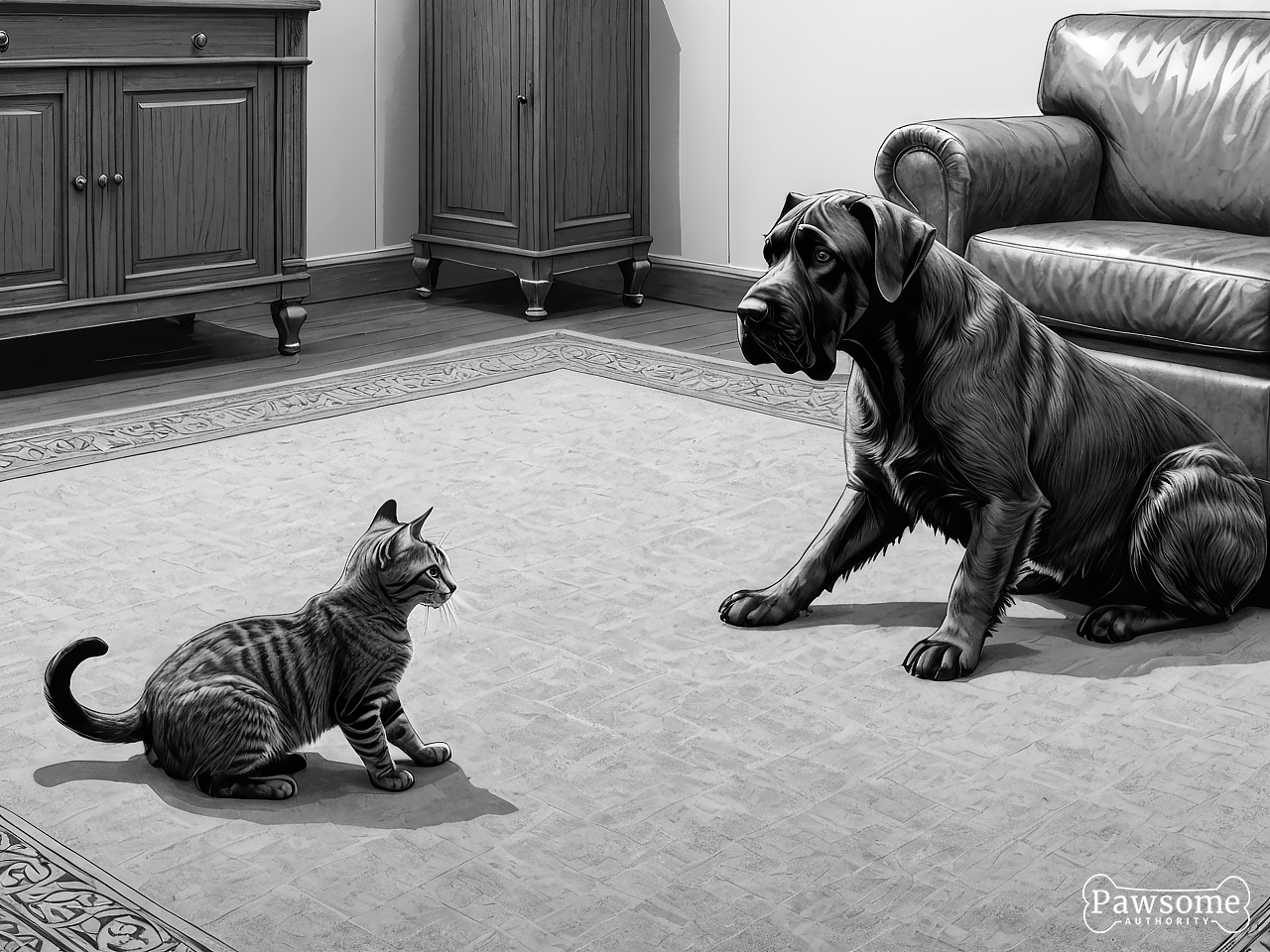 A grayscale illustration of a Giant Schnauzer socializing with a cat on a rug in a living room.
