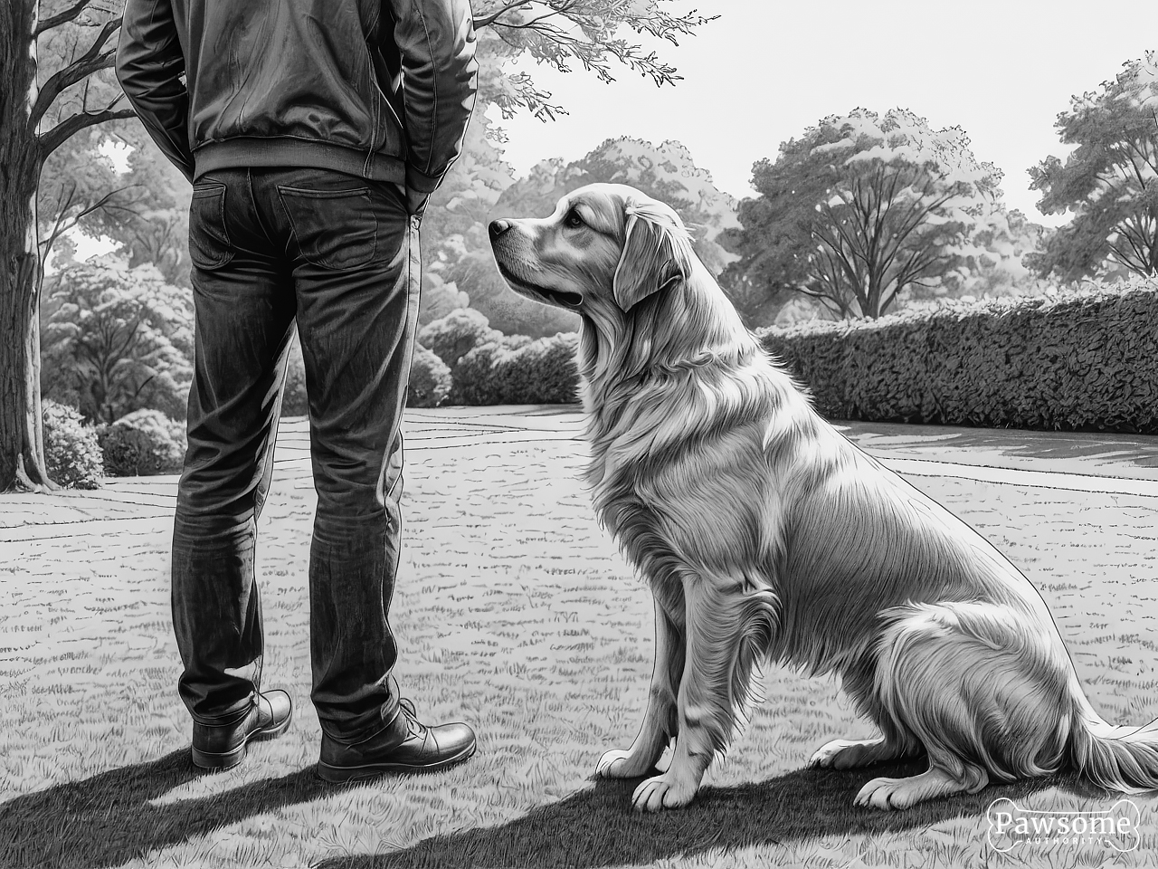 A grayscale illustration of a Golden Retriever beside its owner during an obedience training session in a yard on a sunny day.