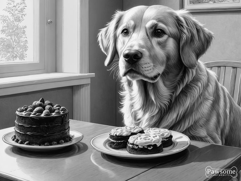 A grayscale illustration of a Golden Retriever demonstrating focus and impulse control in the presence of delectable sweets.