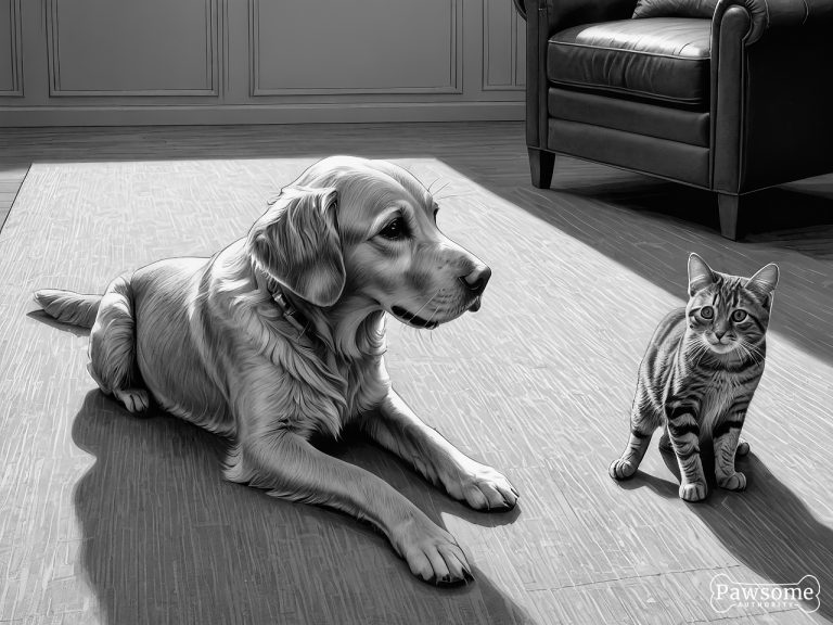 A grayscale illustration of a Golden Retriever socializing with a cat on a rug in a living room.