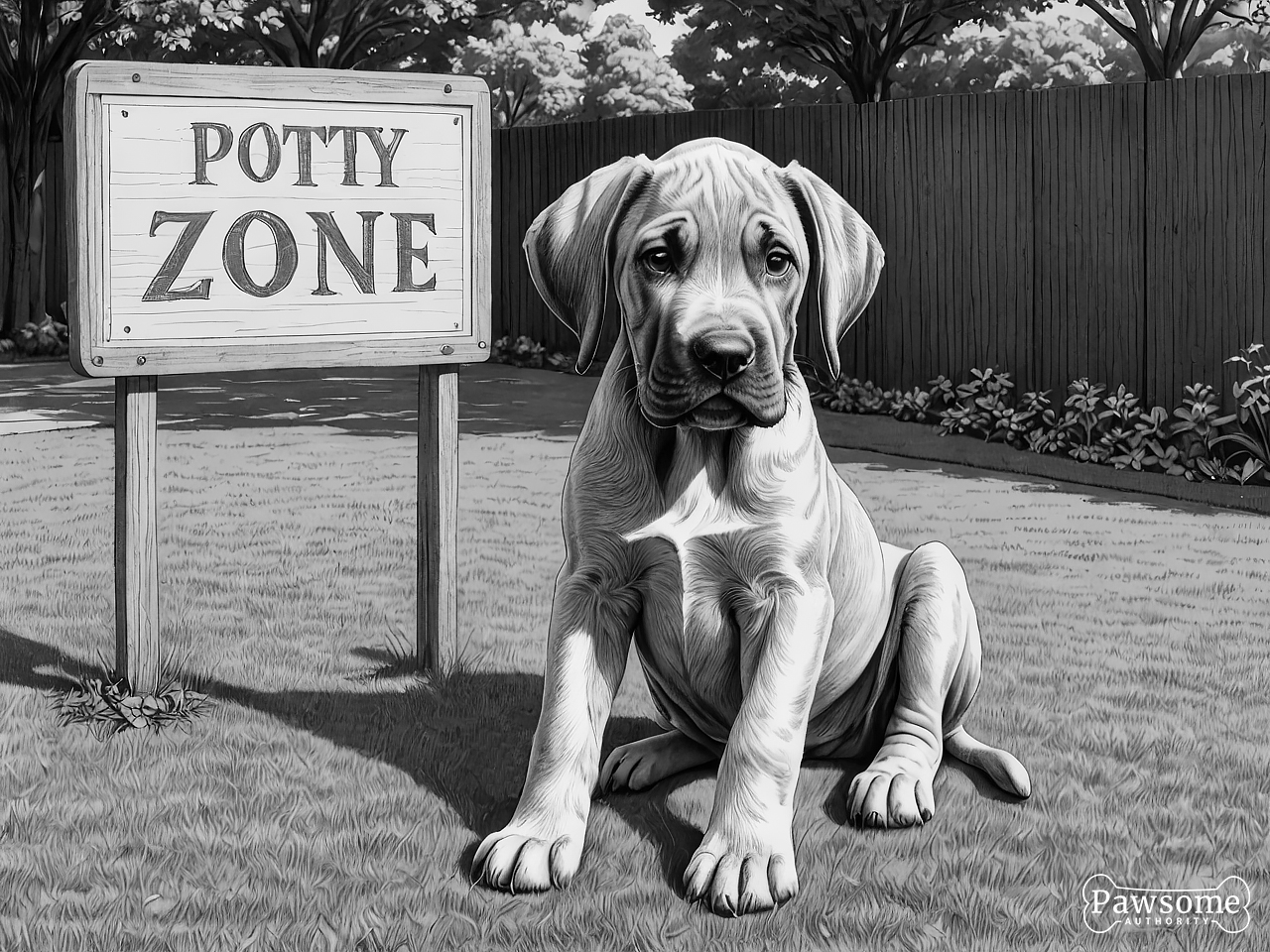 A grayscale illustration of a Great Dane puppy sitting in a designated potty area in a yard with a sign that reads “Potty Zone”.
