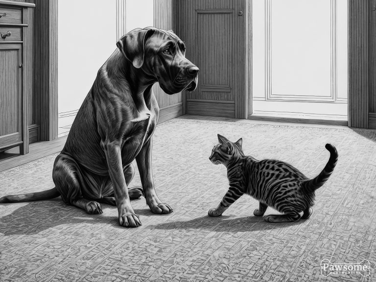 A grayscale illustration of a Great Dane socializing with a cat on a rug in a living room.