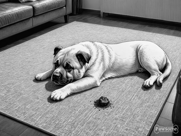 A grayscale illustration of a guilty-looking Akita puppy beside a potty accident on a rug in a living room.