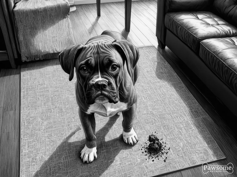 A grayscale illustration of a guilty-looking Boxer puppy beside a potty accident on a rug in a living room.