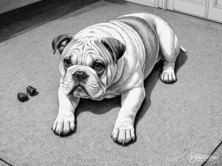 A grayscale illustration of a guilty-looking Bulldog puppy beside a potty accident on a rug in a living room.