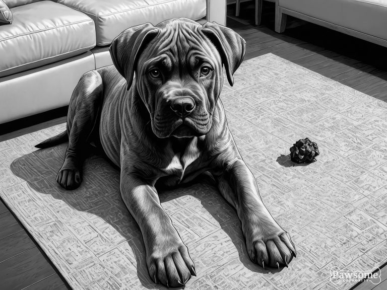A grayscale illustration of a guilty-looking Cane Corso puppy beside a potty accident on a rug in a living room.