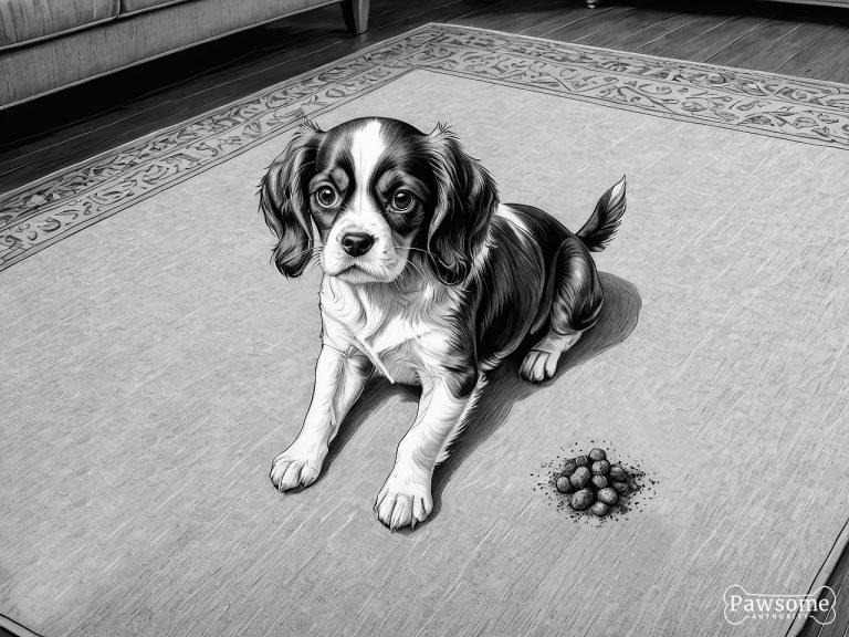 A grayscale illustration of a guilty-looking Cavalier King Charles Spaniel puppy beside a potty accident on a rug in a living room.
