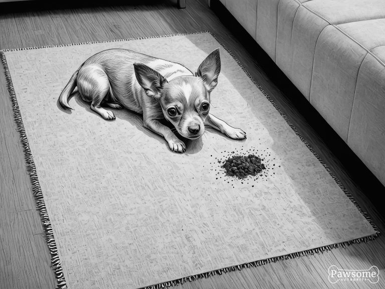 A grayscale illustration of a guilty-looking Chihuahua puppy beside a potty accident on a rug in a living room.