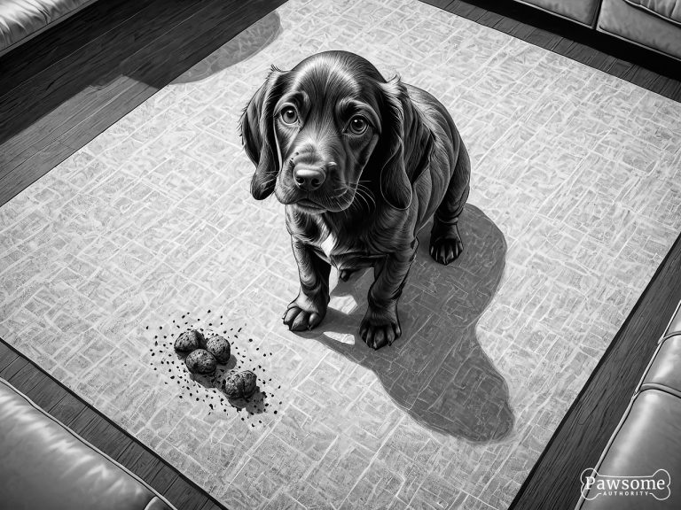 A grayscale illustration of a guilty-looking English Cocker Spaniel puppy beside a potty accident on a rug in a living room.
